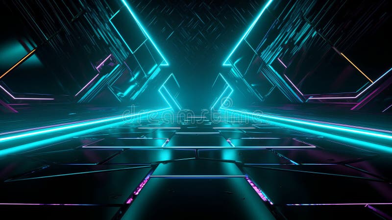 Abstract dark futuristic background with glowing neon lights. 3D Rendering stock illustration