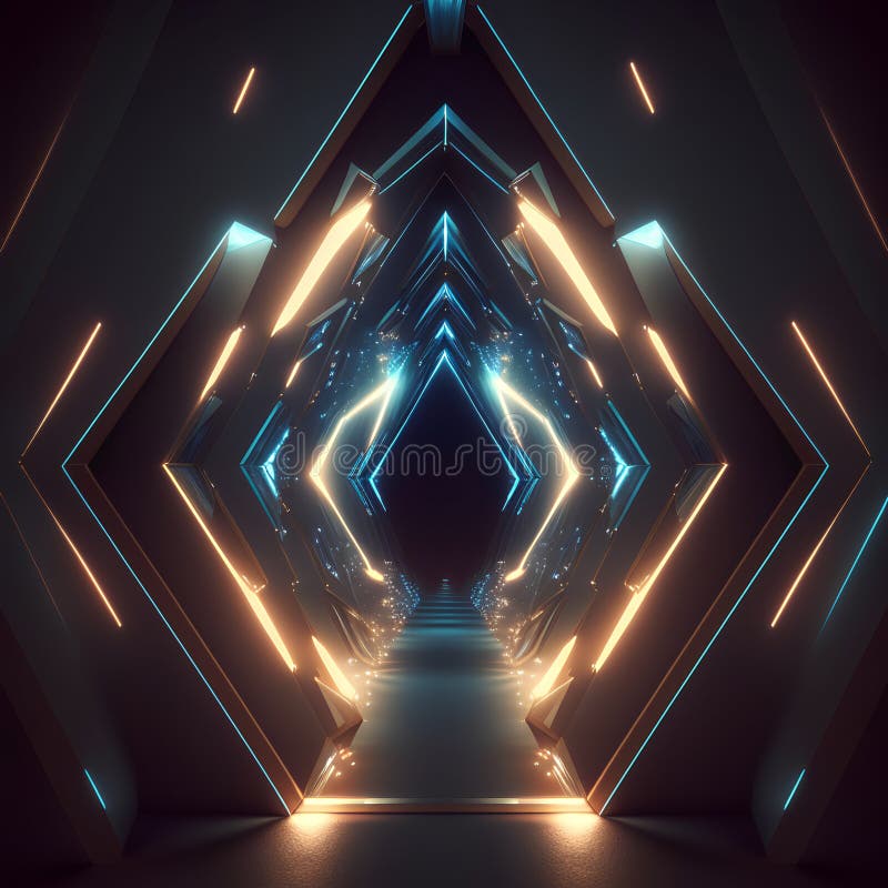 Abstract dark futuristic tunnel with neon lights. 3d rendering mock up royalty free illustration