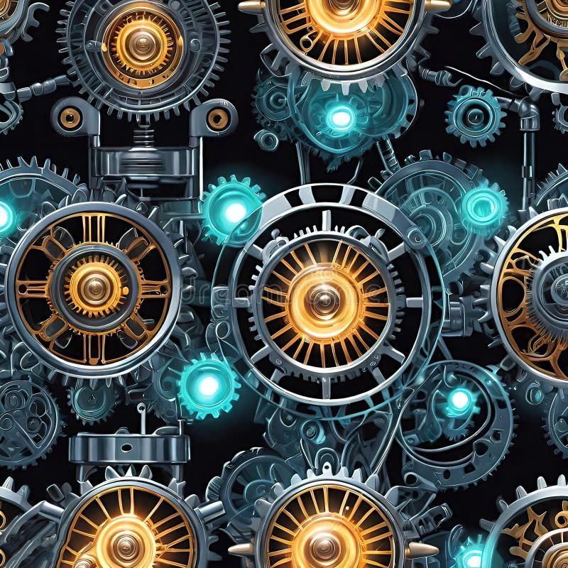 Abstract dark technology background, Colorful seamless pattern with gears and machine parts stock illustration