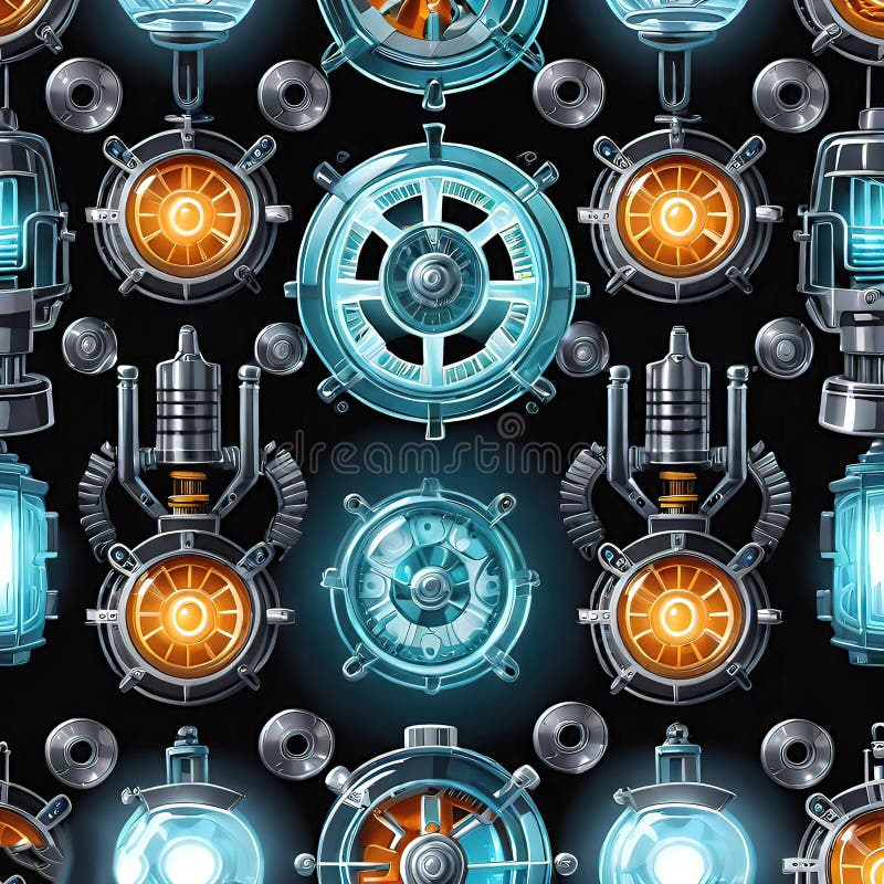 Abstract dark technology background, Colorful seamless pattern with gears and machine parts stock illustration