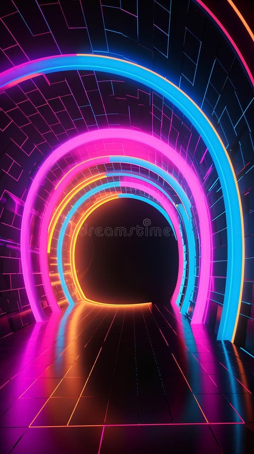 Abstract dark tunnel with glowing neon lights, 3d rendering. Computer digital drawing. stock illustration