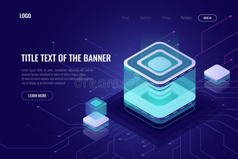 Abstract data server isometric icon, digital technology landing web page banner, database and big data processing vector illustration