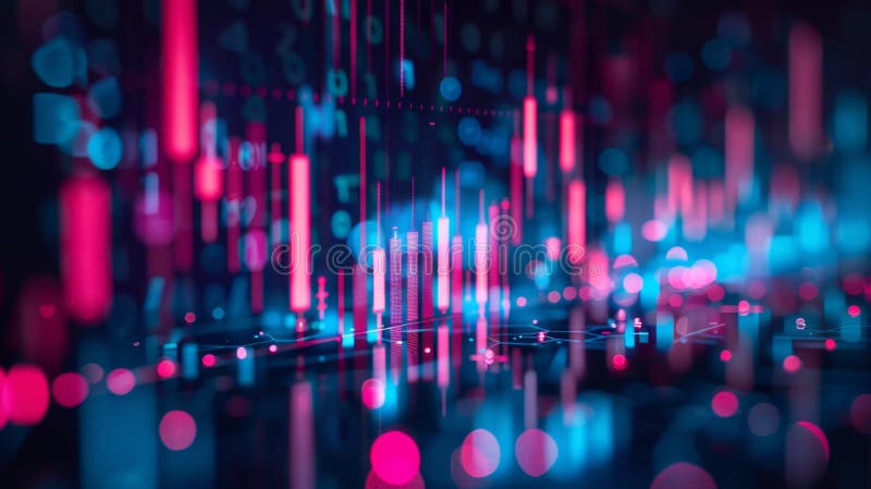 Abstract Data Visualization with Neon Colors, Generative AI. High quality photo. The image features a futuristic, abstract data visualization scene with vibrant neon colors. It showcases various data bars and graphical elements in shades of pink and blue, creating a dynamic and visually engaging representation of data analysis and digital information. Ai generated data visualization stock images, royalty-free photos and pictures