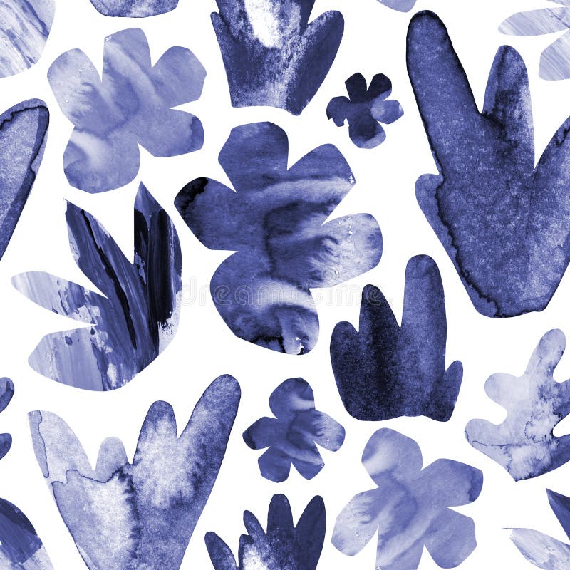 Abstract decorative cutout flower, leaves seamless pattern. Watercolor textured floral shapes background for creative surface design. Hand painted art illustration in blue monochrome colors