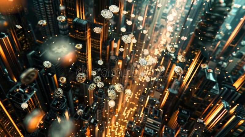 An abstract depiction of a developing cityscape showered with digital coins portraying the potential for economic royalty free stock photos