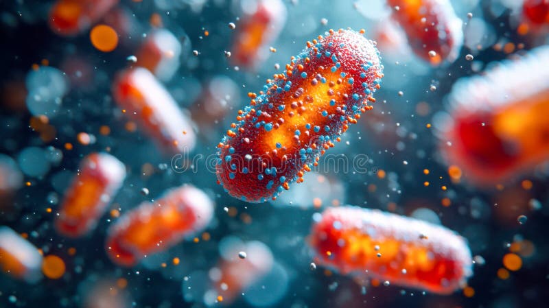Abstract depiction of microscopic virus particles in a vibrant, colorful environment royalty free illustration