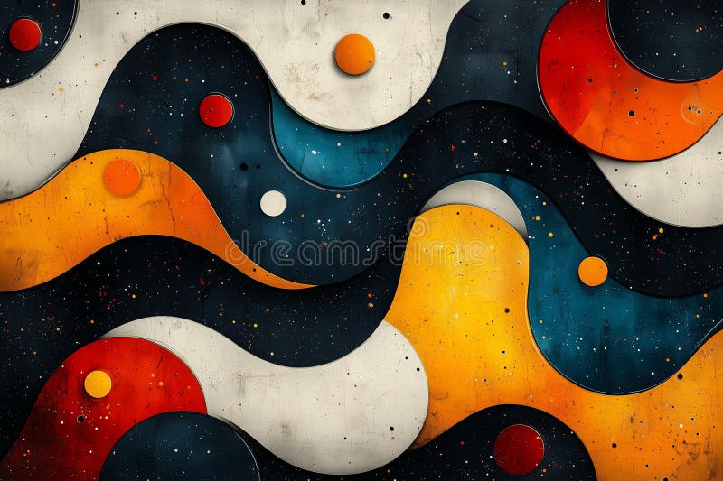 Abstract design featuring colorful wavy patterns and circular shapes in dark tones stock photo