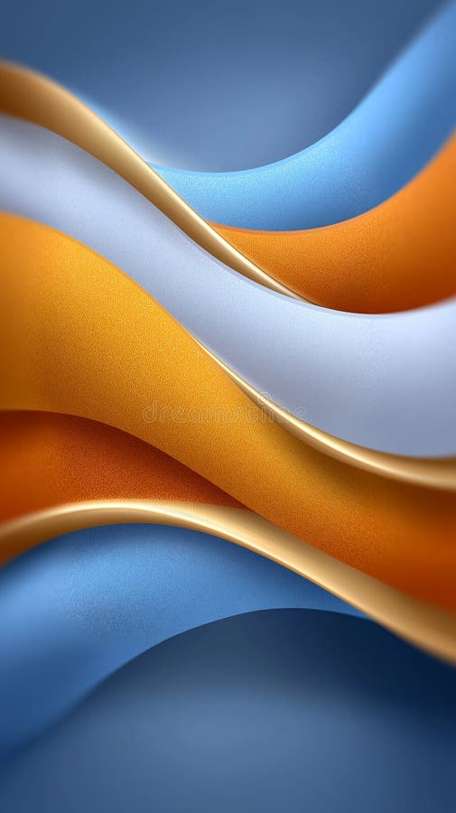Abstract design featuring flowing wave patterns in orange, blue, and white. Smooth curves and gradients create a
