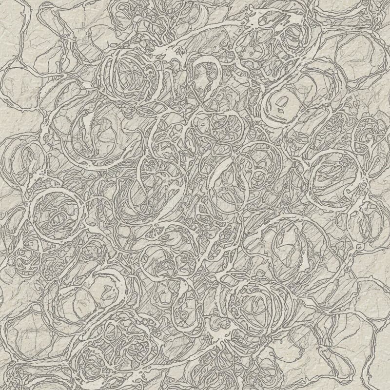 Abstract design featuring intricate, tangled patterns resembling organic or neural networks. Composed of thin, looping lines on a textured background, evoking a sense of complexity and interconnectedness. The monochrome palette enhances the intricate details and the flowing, web-like structure. Appears as a fusion of biological forms and mechanical systems, creating a visually striking and detailed pattern.