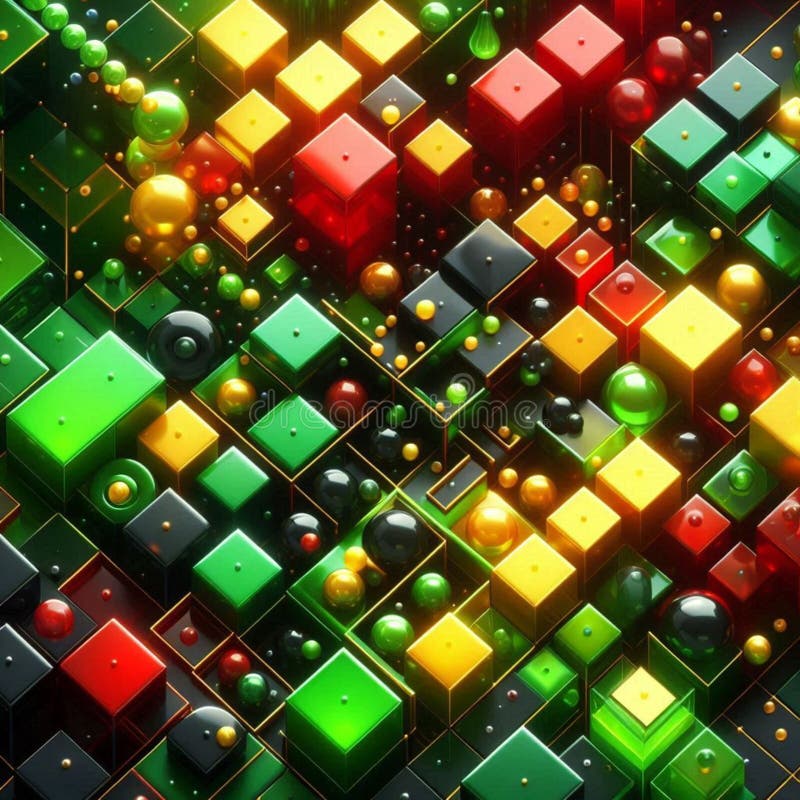 An abstract design showcasing vibrant cubes in green, red, yellow, and black, celebrating Juneteenth\'s significance stock illustration