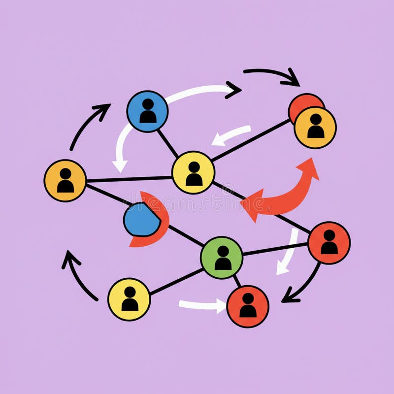Abstract diagram illustrating a network or system. Multi-colored circles with human vector illustration