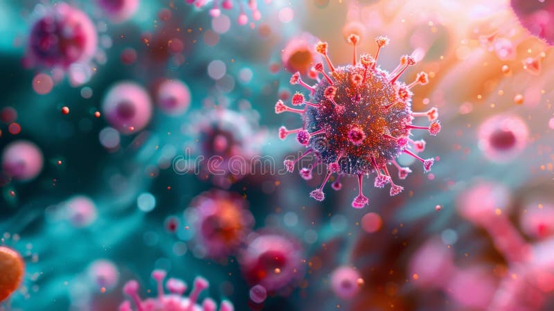 Abstract Digital Art Depicting Microscopic View Of Viruses And Bacteria. Microbiology, lab research stock photo