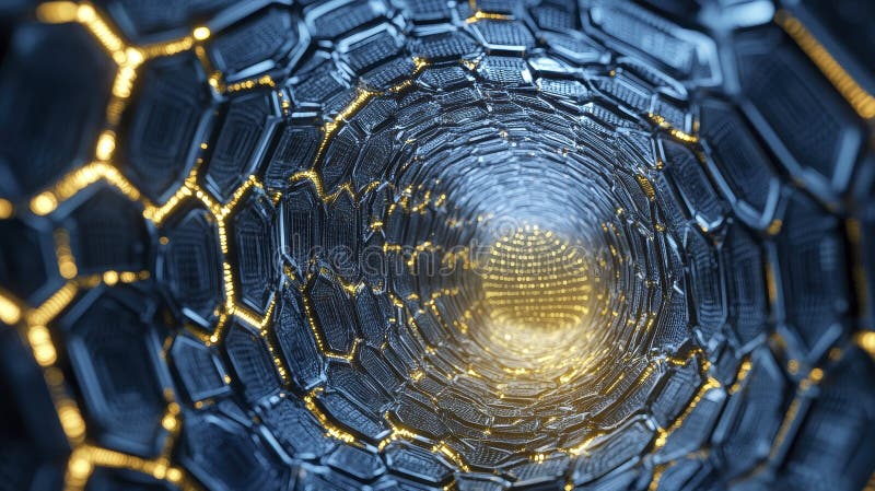 Abstract Digital Tunnel Blue and Gold Hexagonal Pattern vector illustration