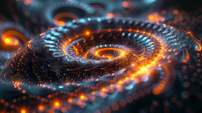 Vibrant Spiral Galaxy In Fiery Orange And Blue Hues. Luminous Light Trails And Glittering Particles royalty free stock photo