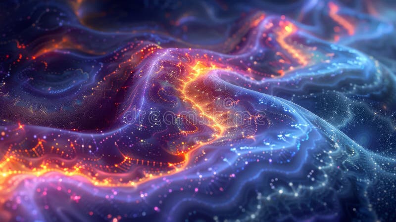Abstract Digital Art with Vivid, Flowing Waves In Orange, Purple, And Blue. Dynamic Glowing Patterns. Intricate And Dynamic Patterns With Glowing Highlights And Detailed Textures. AI Generated.