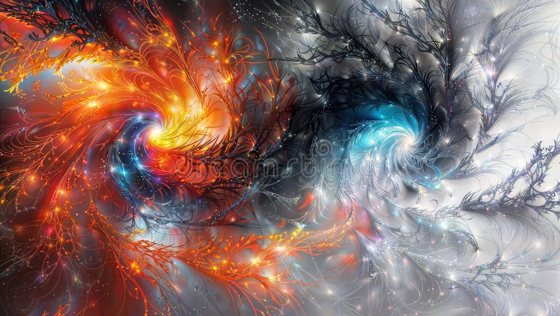 Fiery Orange and Blue Vortex: Swirling Fractals and Energy, generative ai stock illustration