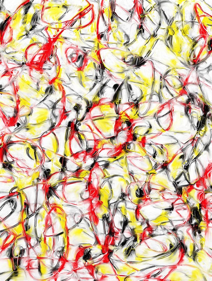 Abstract Digital Art Painting In Red Yellow Black White. Stock