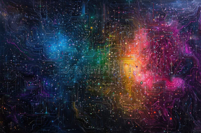 Abstract Digital Art Representing Cosmic Connections with Colorful Patterns, Circuitry Lines, and Multicolored Galaxy stock images