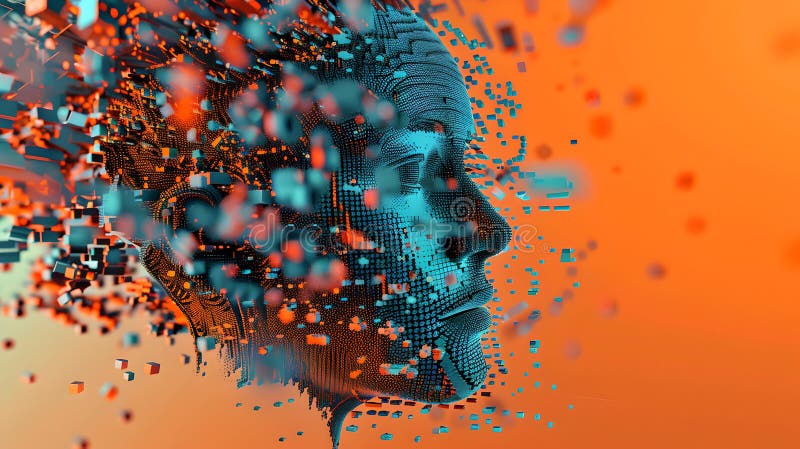 Artă digitală a unui cap uman fragmentat dizolvat în biți care arată amestecul dintre tehnologie și conștiința umană stock photography