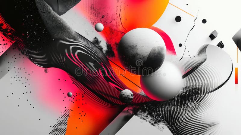 Abstract digital art with vibrant colors and dynamic shapes, featuring spheres and swirling patterns. composition includes red royalty free illustration