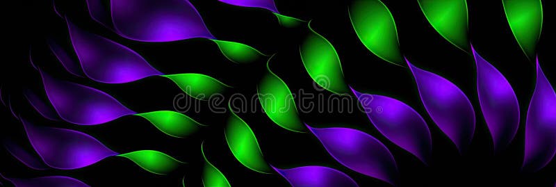 Abstract digital art with vibrant purple and green petal shapes on black background, creating a dynamic and mesmerizing visual stock illustration