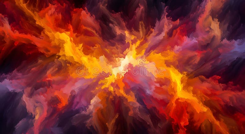 Abstract digital artwork featuring vibrant, swirling colors in reds, oranges, purples stock illustration