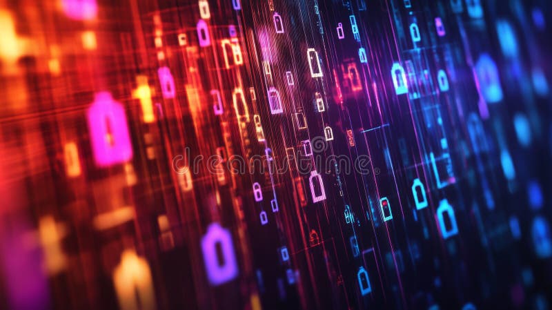 Abstract Digital Background with Colorful Lock Icons and Data Streams stock illustration