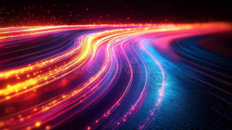 The abstract digital background is composed of red, blue, and shining lines and dots.. AI generated