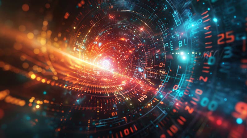 Abstract digital background depicting a futuristic technology tunnel with glowing light effects and binary code elements stock illustration
