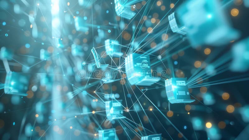 An abstract digital background depicting glowing blue cubes connected by lines, suggesting a network or blockchain technology stock illustration