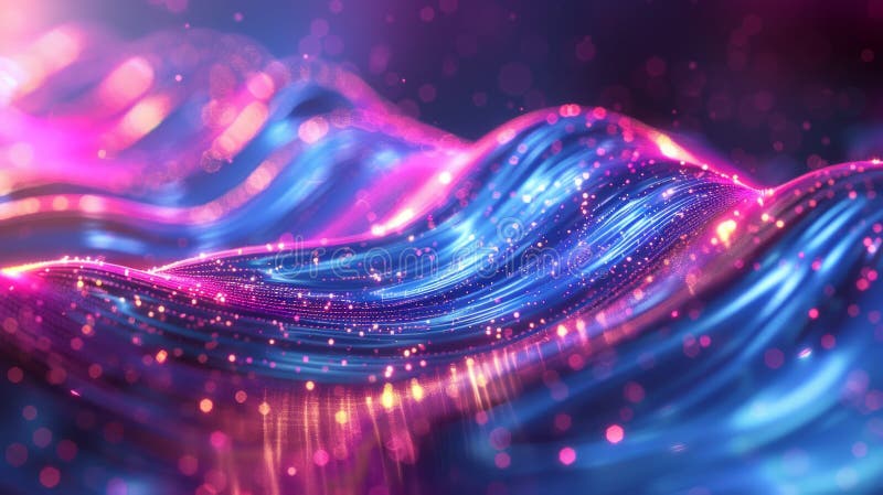 An abstract digital background featuring a dynamic wave of neon lights with glowing particles, representing data flow or stock illustration