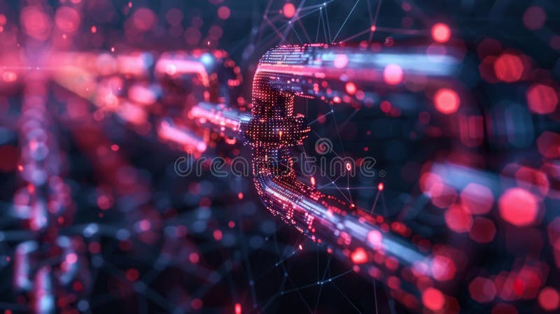 Abstract digital background featuring a glowing neon blockchain concept with connected lines and dots forming a chain, set vector illustration