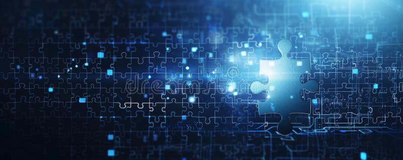 Abstract blue background with illuminated puzzle pieces and glowing digital patterns royalty free stock photo