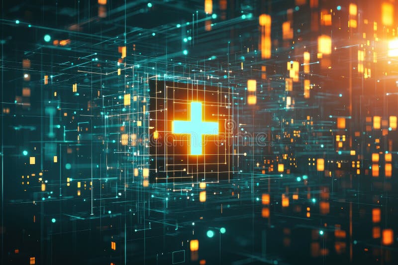 Abstract digital background featuring illuminated squares, glowing lines, and a central geometric shape to represent stock photo