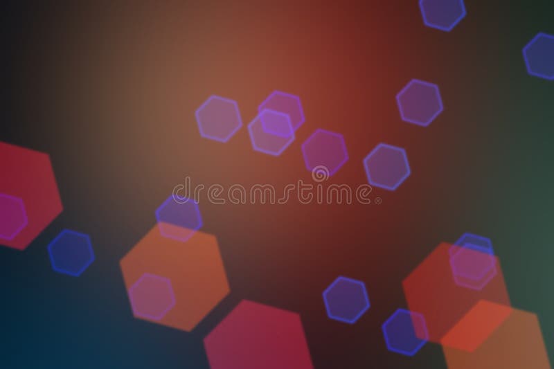 Abstract bokeh effect with glowing hexagon shapes in red, purple, and blue on a dark gradient background stock illustration