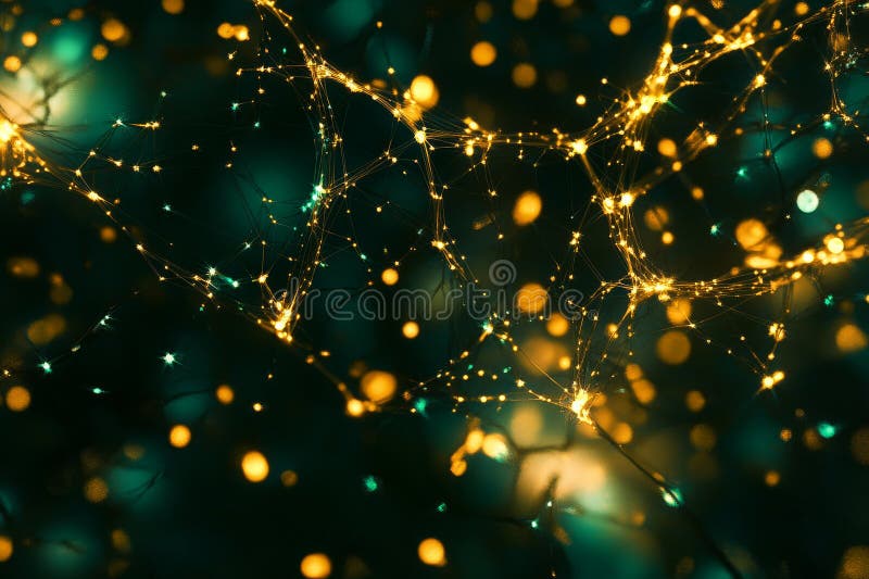 An abstract digital background of glowing digital networks in gold and green, forming a web-like ai stock photography