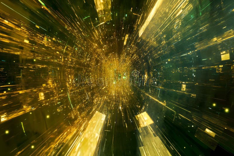 An abstract digital background of glowing digital networks in gold and green, forming a web-like ai stock photo