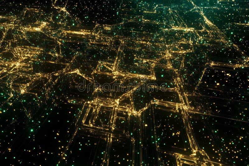 An abstract digital background of glowing digital networks in gold and green, forming a web-like ai stock photo