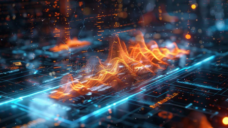 Abstract digital background with glowing, pulsating orange waves on top of a circuit board with neon blue pathways, symbolizing vector illustration