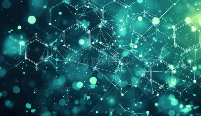 Abstract digital background with interconnected hexagons and glowing particles in a green and blue color scheme stock photography