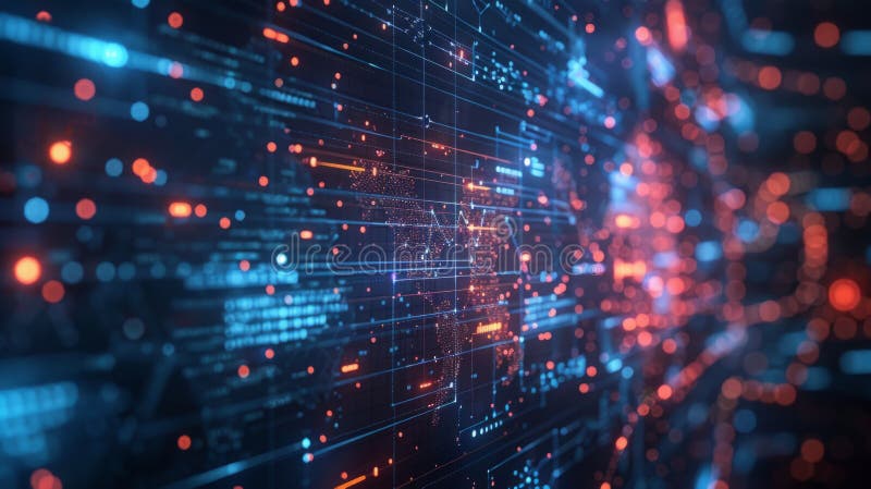 Abstract digital background with a three-dimensional pattern of glowing red dots and blue lines, symbolizing connectivity stock illustration