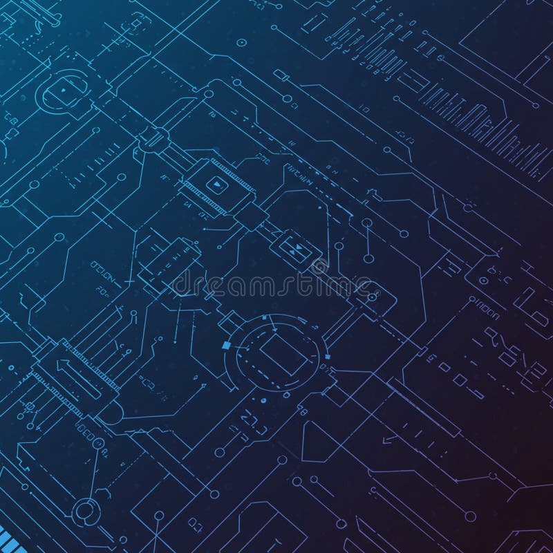 Abstract digital blueprint with intricate circuitry patterns in blue on a dark background. stock illustration