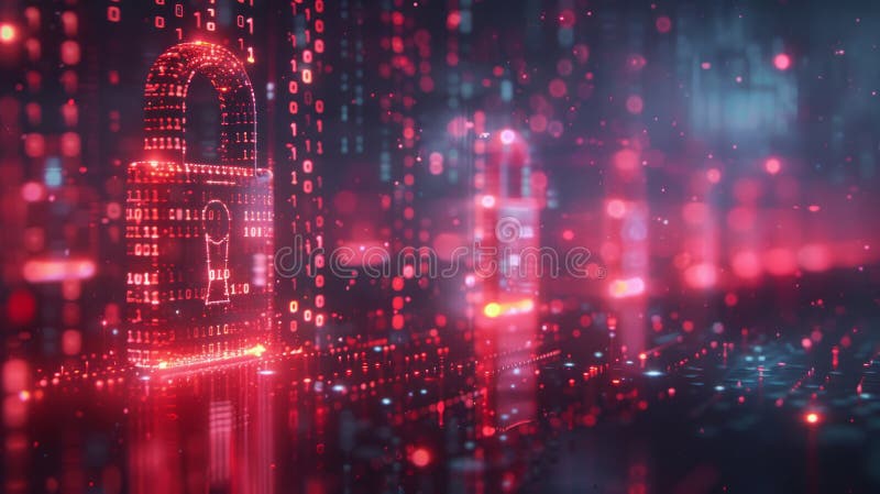 Abstract digital concept of cybersecurity with a stylized padlock integrated into a background of glowing binary code and royalty free illustration
