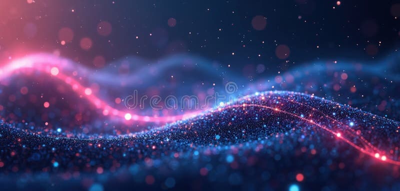 Abstract digital data flow background. Network connection structure, data transfer on dark blue cyberspace background. Glowing stock photo