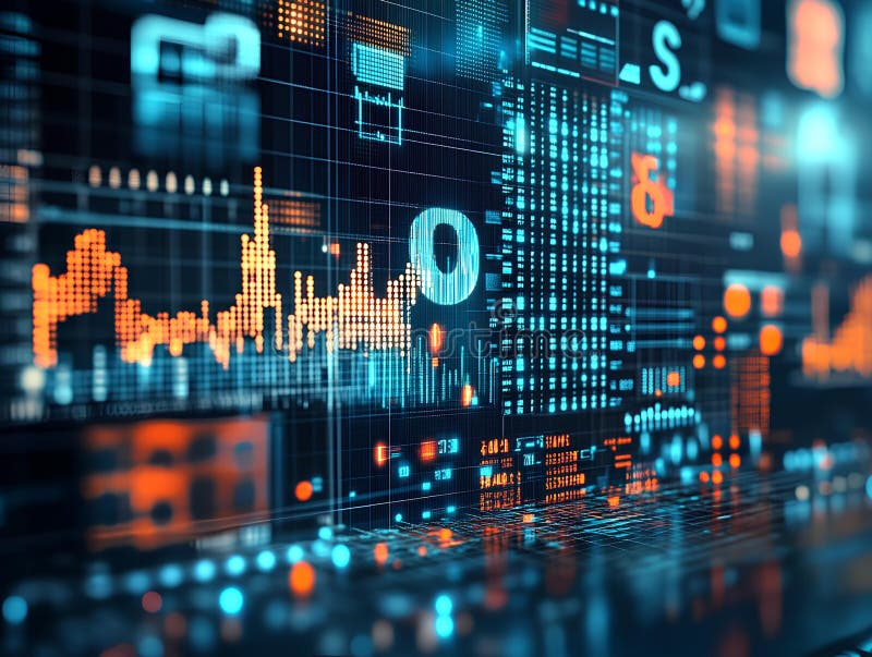 Abstract digital background with glowing blue and orange data streams, charts, and graphs. Complex network visualization with a three dimensional perspective and depth of field