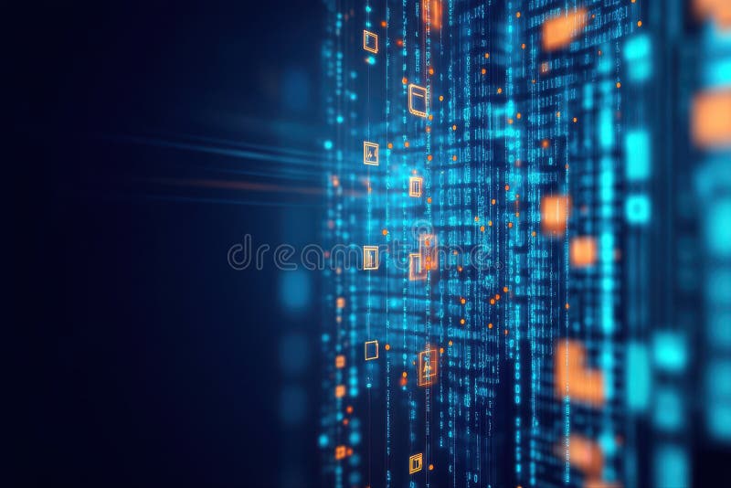 Abstract digital data stream with flowing lines and glowing icons representing technology connectivity and advanced royalty free stock photos