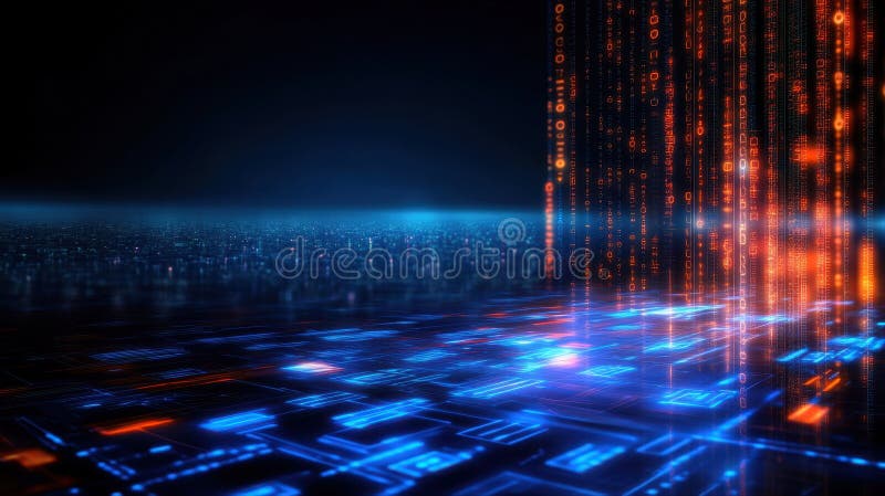 Abstract digital data stream with glowing blue and orange code matrix representing technology, cyberspace, and royalty free stock photography