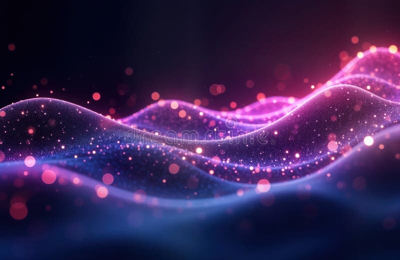 Abstract digital design with purple, pink particles. Soft flowing waves create elegant pattern. Glittering particles make royalty free illustration