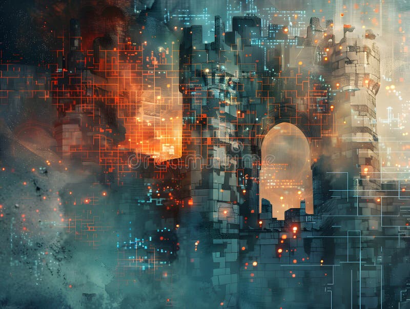 Abstract Digital Fortress Background with Fortified Structure and Geometric Design vector illustration