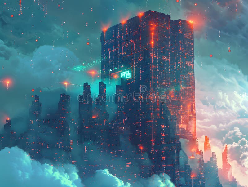 Abstract Digital Fortress Standing Tall in the Cyber Space - Background Art royalty free illustration